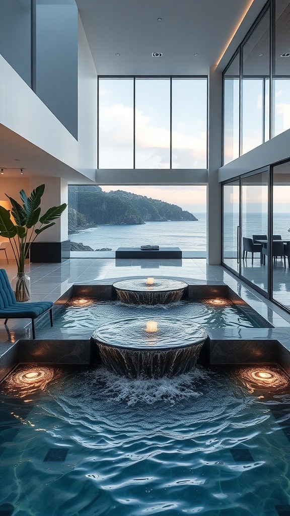 A modern indoor water feature with cascading water and a view of the ocean.