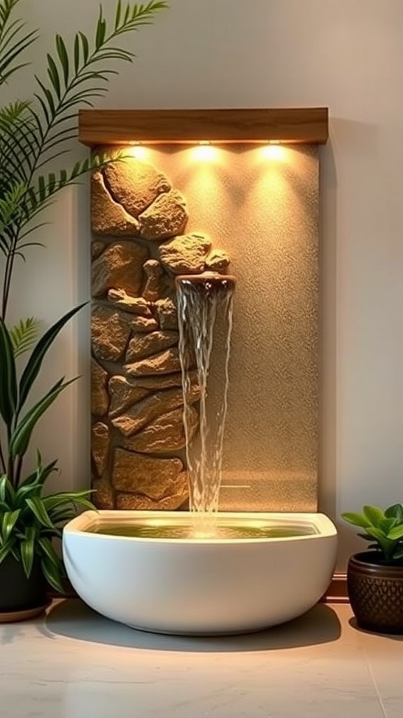 An indoor water wall featuring a smooth waterfall, stone backdrop, and surrounding plants.