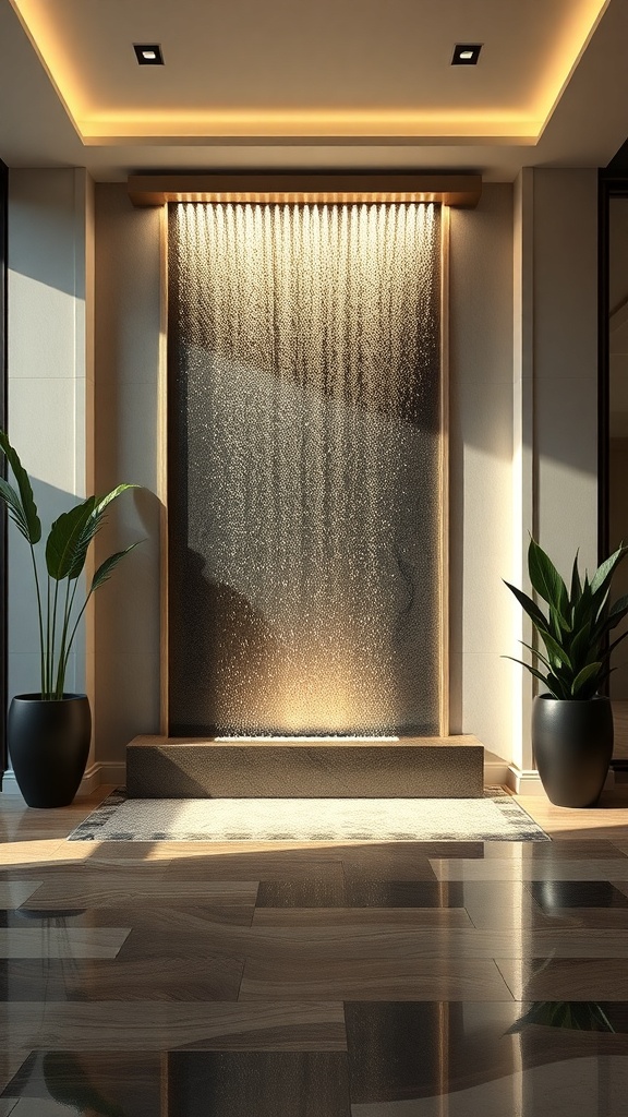 A modern indoor water wall with cascading water, warm lighting, and surrounding plants.