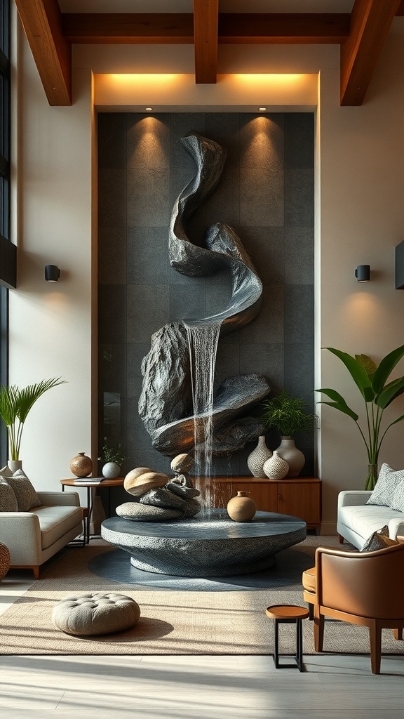 A modern indoor waterfall feature in a spacious room with natural elements and warm lighting.