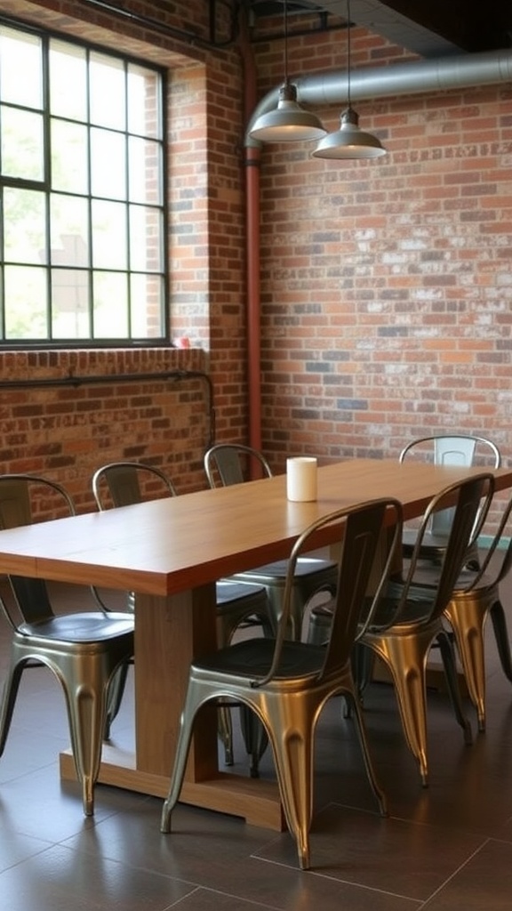 A cozy industrial-style dining area featuring a wooden table and metal chairs against a brick wall.