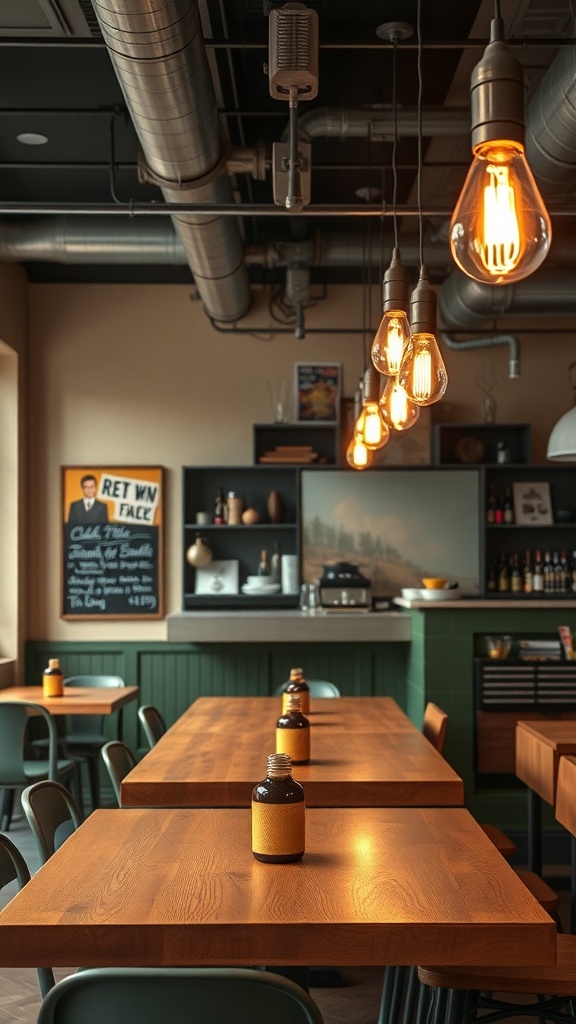 A cozy dining area featuring industrial-style lighting fixtures with warm bulbs hanging from exposed pipes, complemented by wooden tables and simple chairs.
