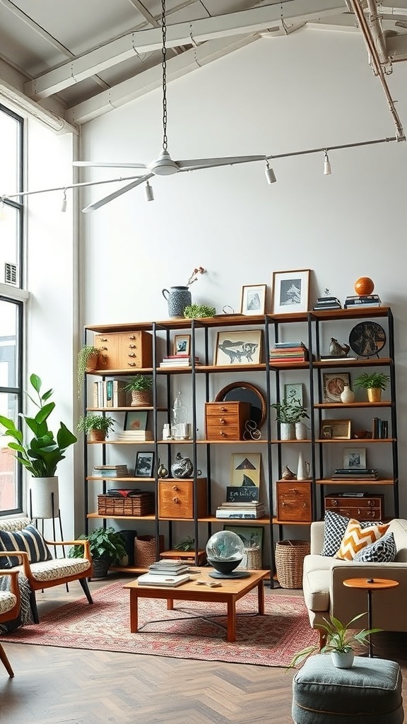 Ein industrielles Regal aus Metall und Holz, gefüllt mit Büchern, Pflanzen und Dekorationen in einem stilvollen Raum.