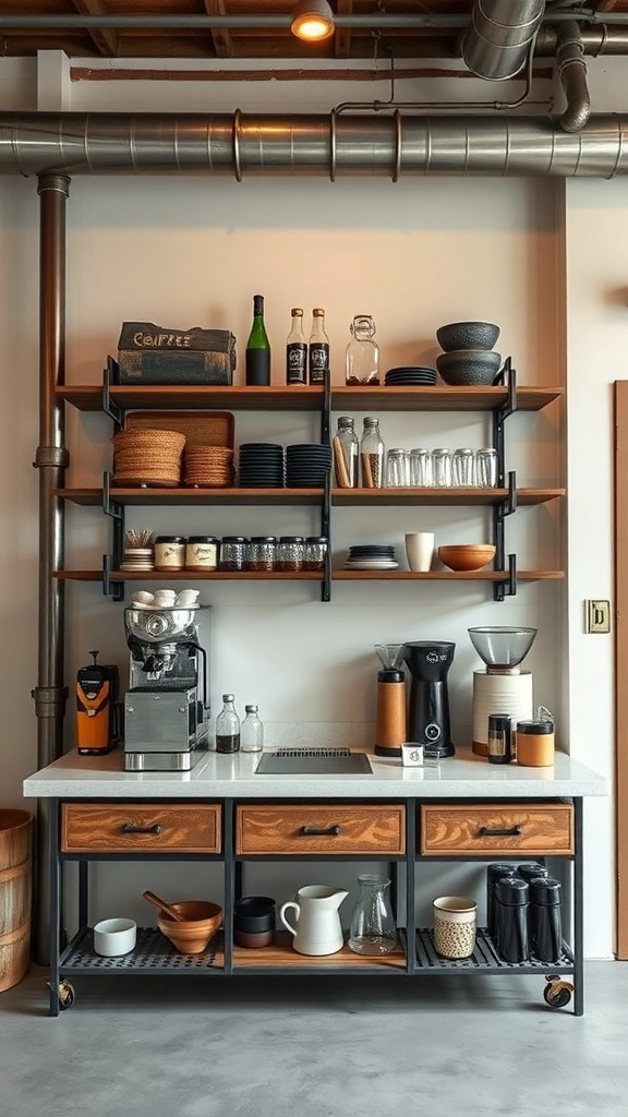 Industrial chic coffee bar with wooden shelves and metal accents, featuring coffee equipment and mugs.