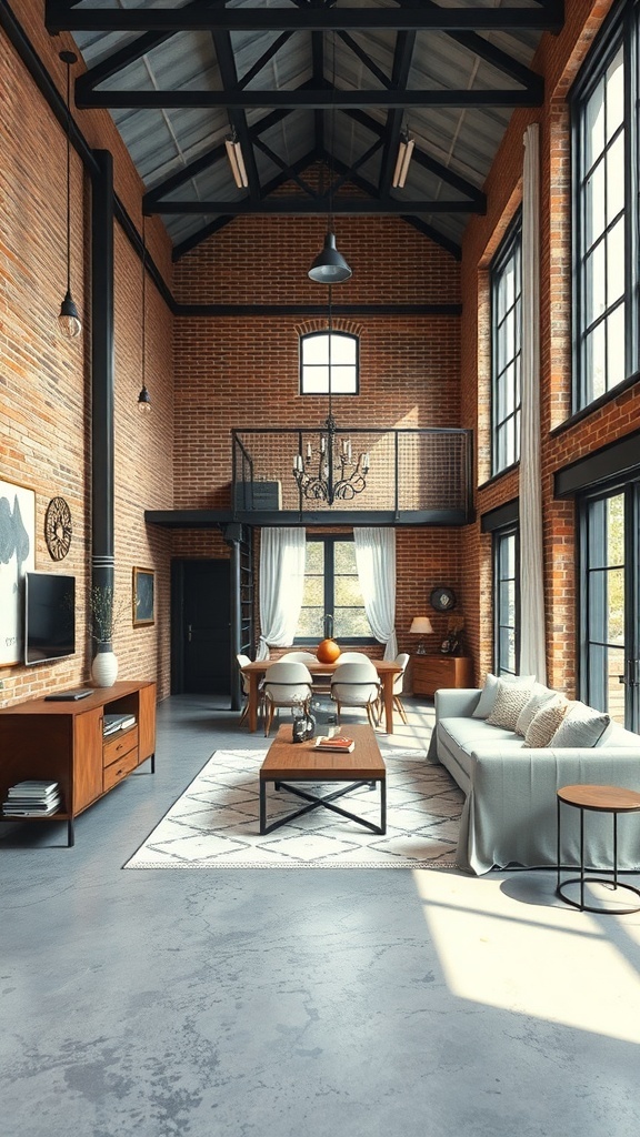 An industrial chic living and dining room featuring exposed brick walls, high ceilings, and modern furnishings.