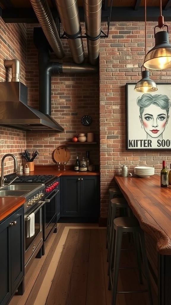 A stylish industrial chic kitchen featuring exposed brick walls, large windows, and modern appliances.
