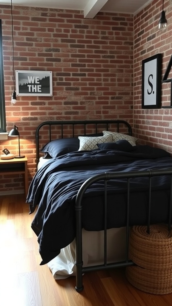 A cozy bedroom featuring dark navy bedding, a metal bed frame, and a rustic brick wall.