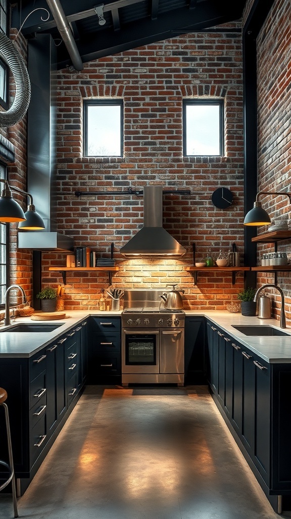 A modern kitchen featuring exposed brick walls, dark cabinetry, metal accents, and open shelving.