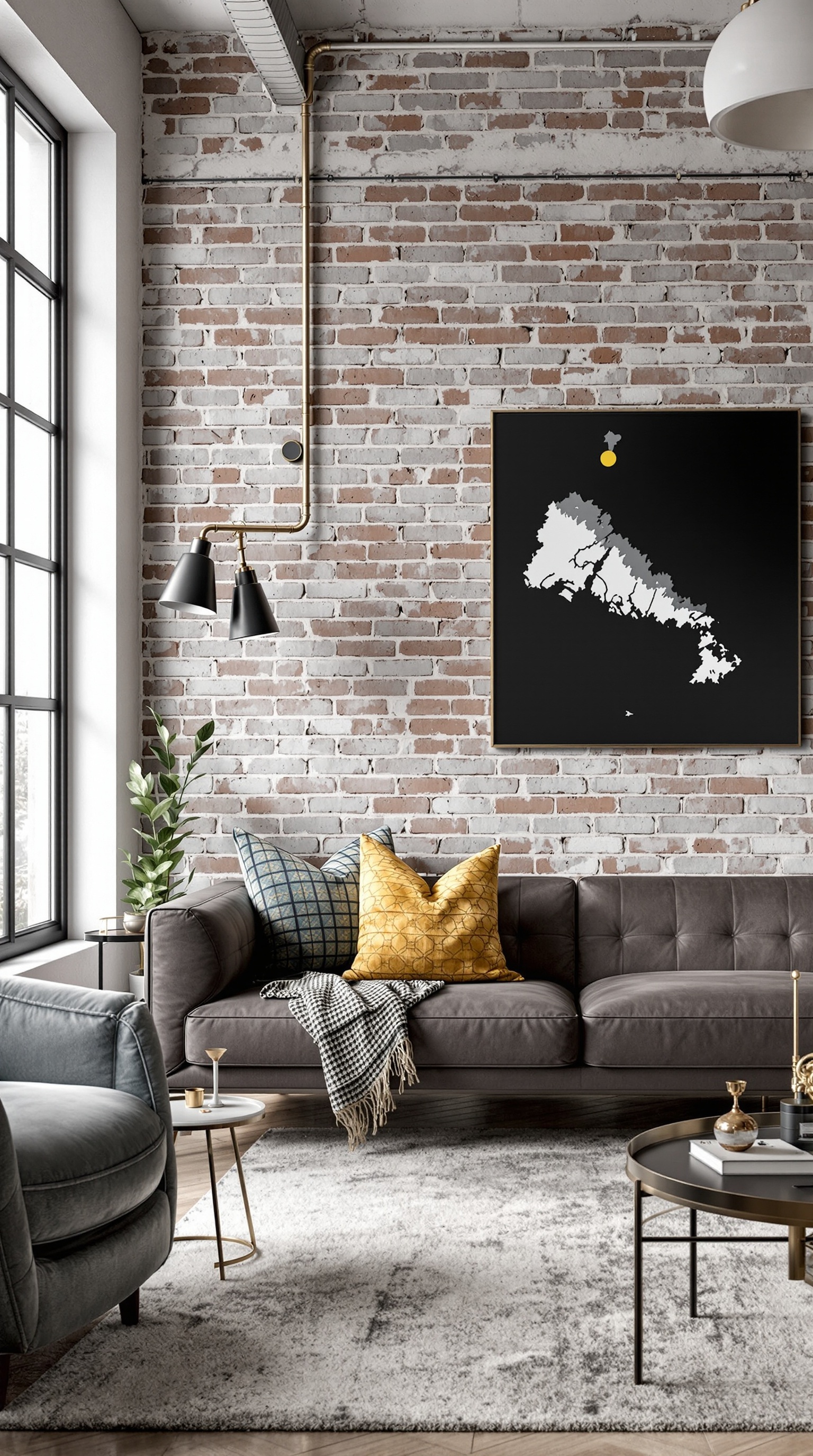A stylish industrial living room featuring a grey leather sofa, exposed brick walls, and natural light.