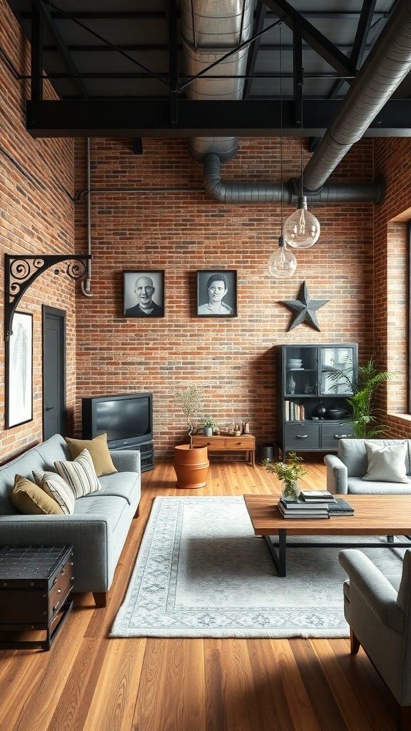 A stylish living room with exposed brick walls, gray sofas, wooden coffee table, and decorative elements.