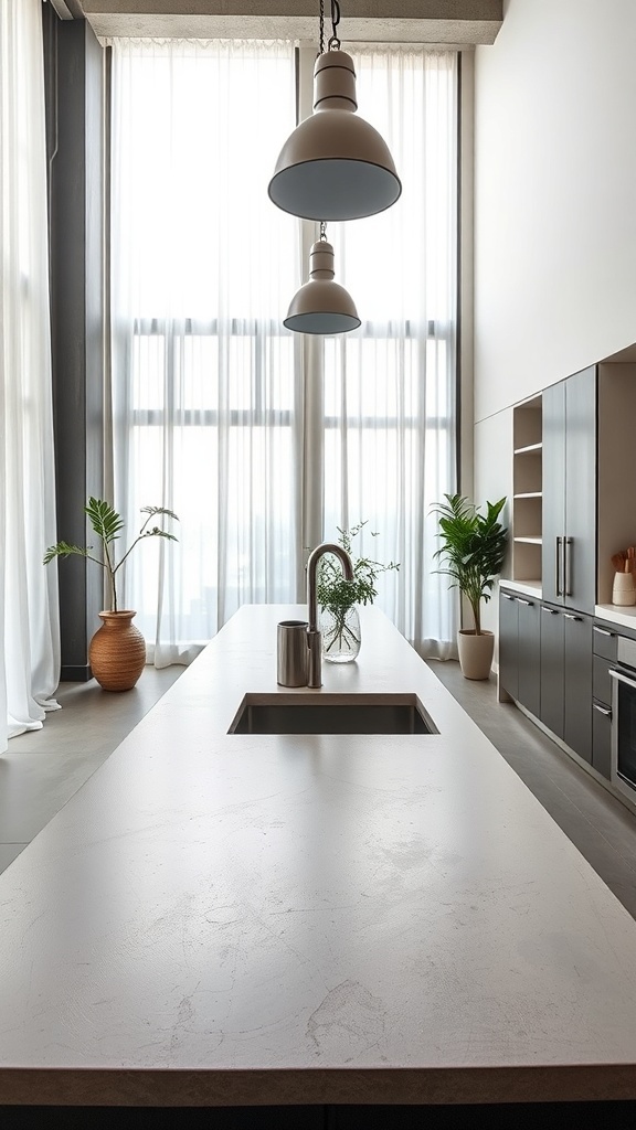 A modern kitchen featuring a long concrete countertop with plants and large windows.