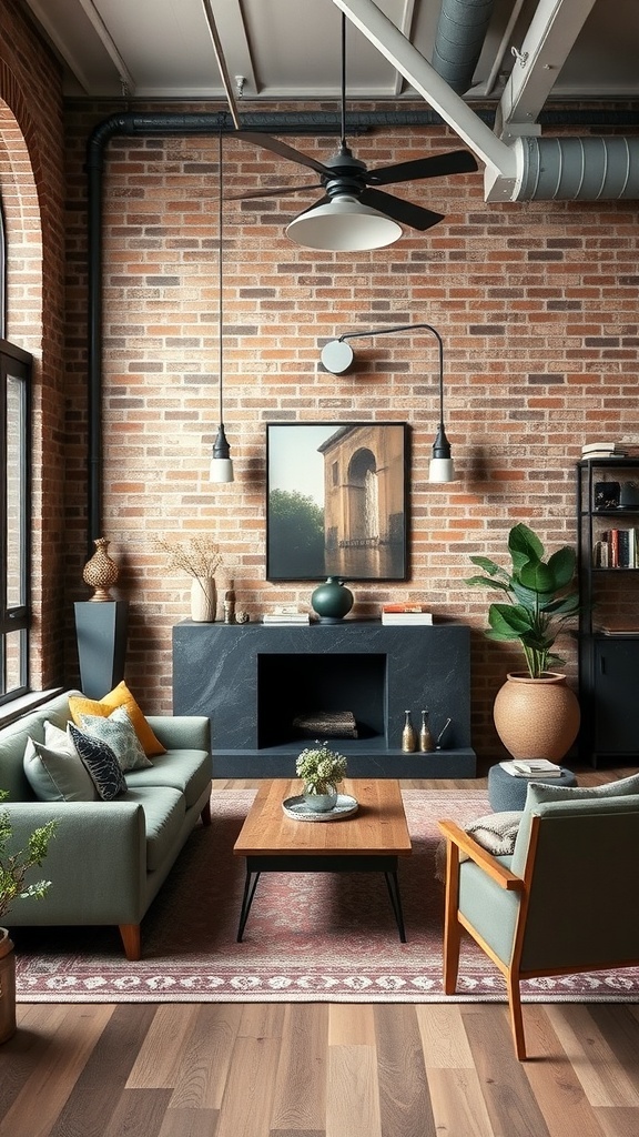 A stylish industrial living room featuring exposed brick walls, modern furniture, and decorative elements.