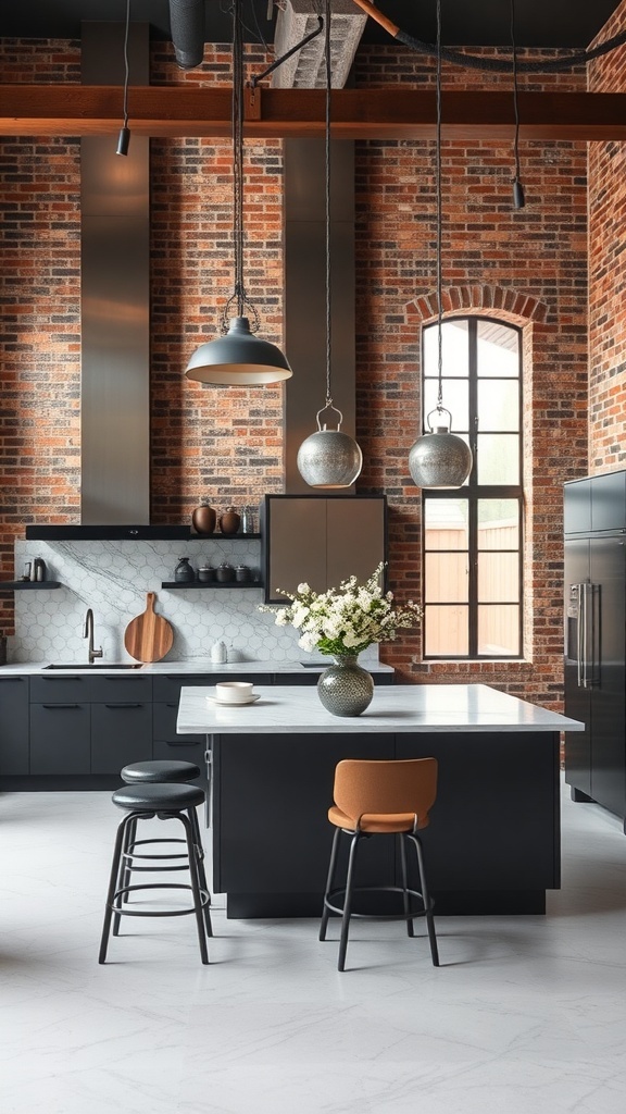 A modern kitchen featuring exposed brick walls, sleek black cabinetry, and stylish hanging light fixtures.