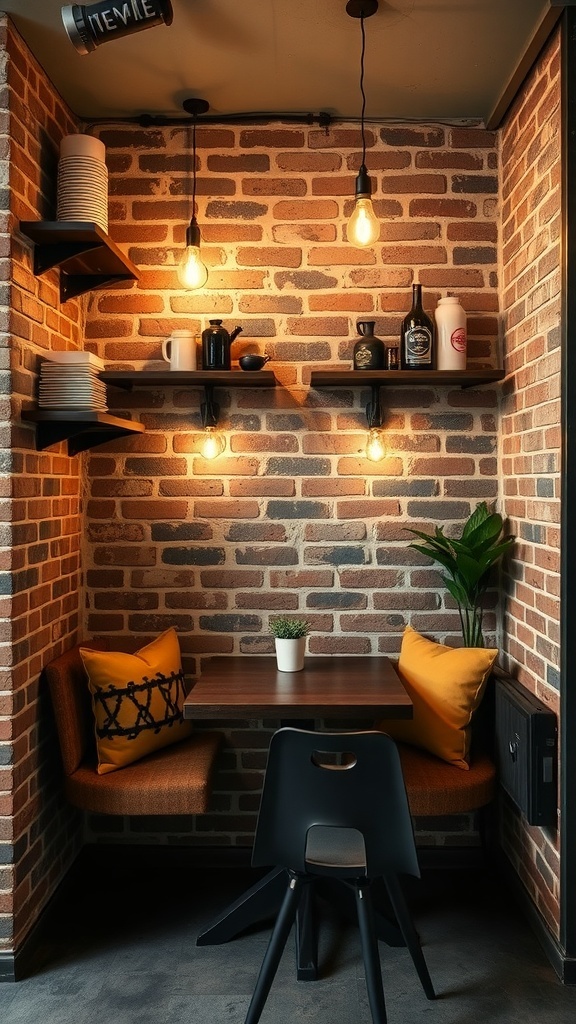 Cozy coffee nook with exposed brick wall, wooden table, and warm lighting
