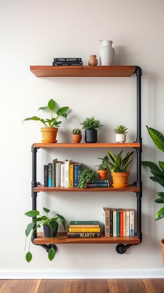 Industrial pipe bookshelf with wooden shelves and plants