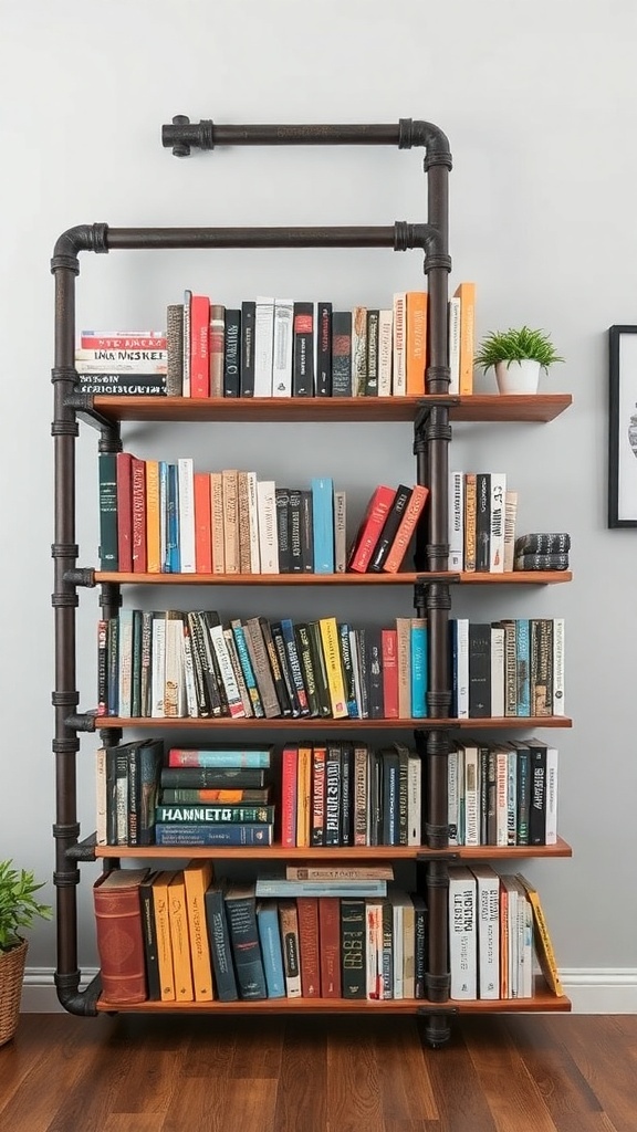 Industrial pipe bookshelf with wooden shelves and various books