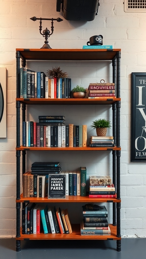 An industrial pipe bookshelf with wooden shelves displaying various books and decorative items.