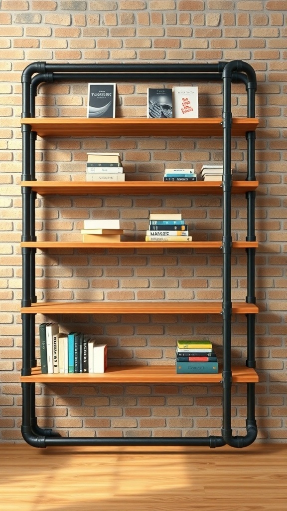 Industrial pipe bookshelf with wooden shelves against a brick wall