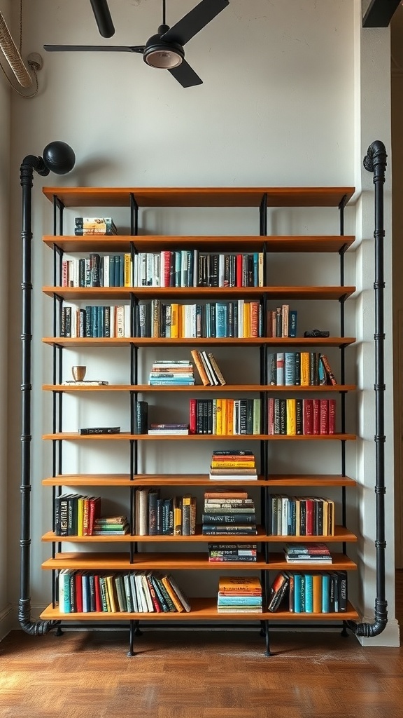 A stylish industrial pipe bookshelf with wooden shelves and a modern design.