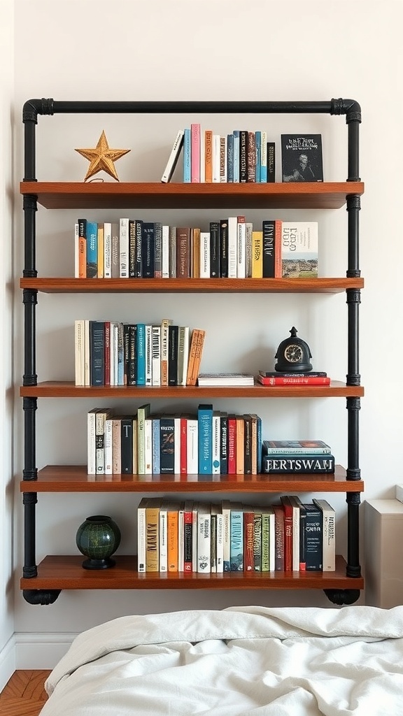 An industrial pipe bookshelf with wooden shelves, displaying various books and decorative items.