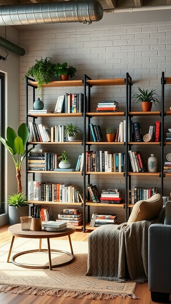 Industrial pipe bookshelf with books and plants in a living room setting