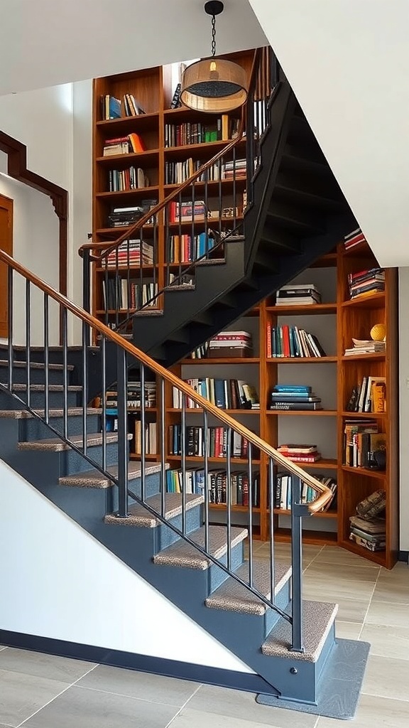 Industrial style staircase with bookshelves, featuring black metal and wooden accents.