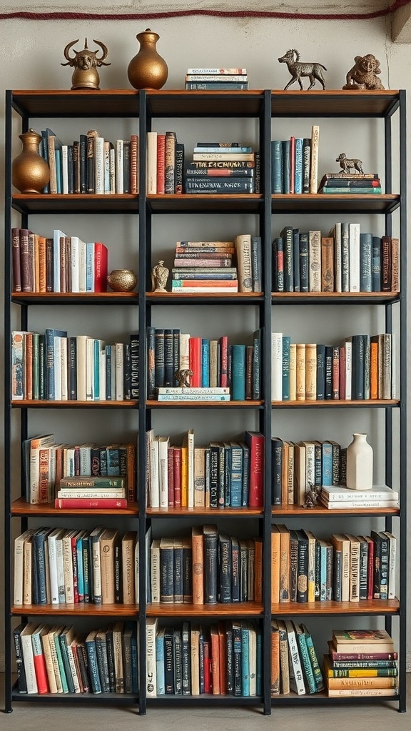 Industrial style bookshelf with metal frame and wooden shelves, filled with books and decorative items.