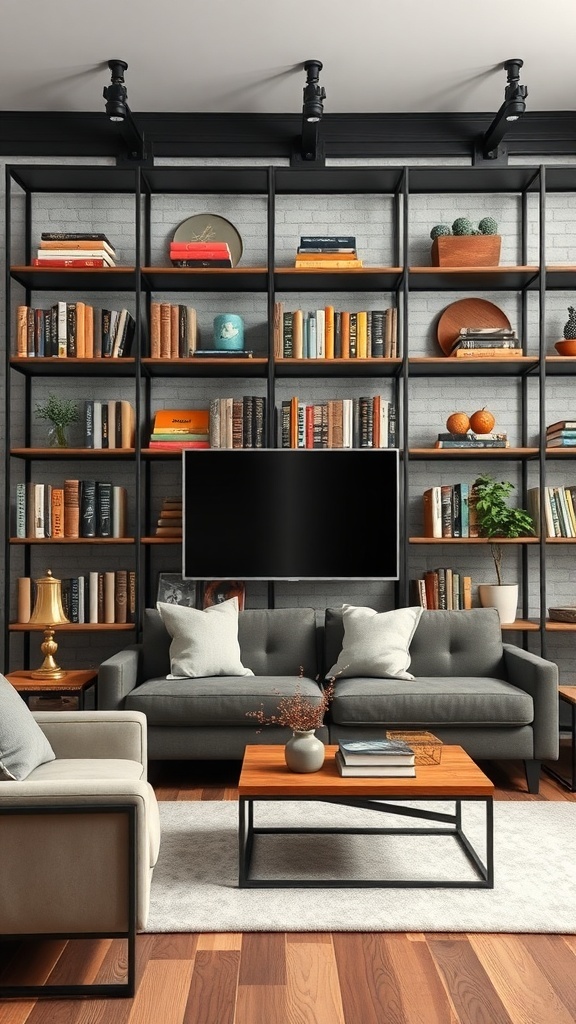 Industrial style metal and wood shelves in a modern living room with books and decorative items.