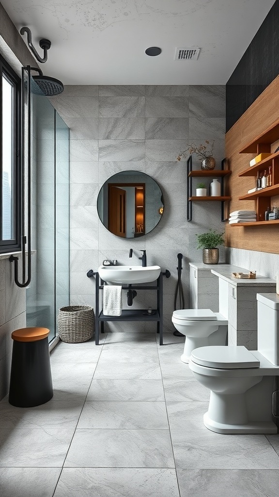 Modern bathroom with industrial style tiles and wooden accents