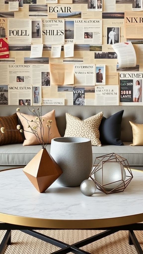 A stylish coffee table arrangement featuring geometric decor pieces on a marble top with a gold rim, set against a wall of mixed media.