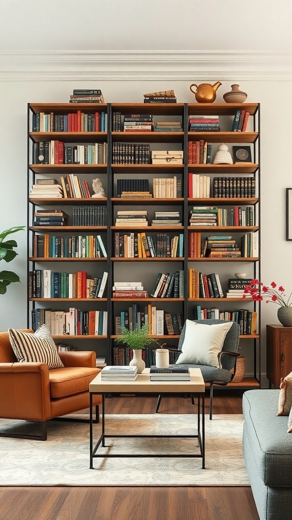 Industrielles Regal im Retro-Stil mit einer Vielzahl von Büchern und dekorativen Elementen in einem Wohnzimmer.