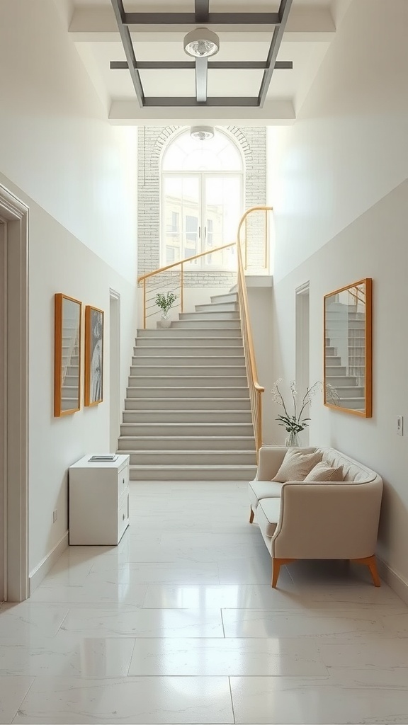Heller Flur mit Treppe, Sofa und Pflanzen im industriellen Chic