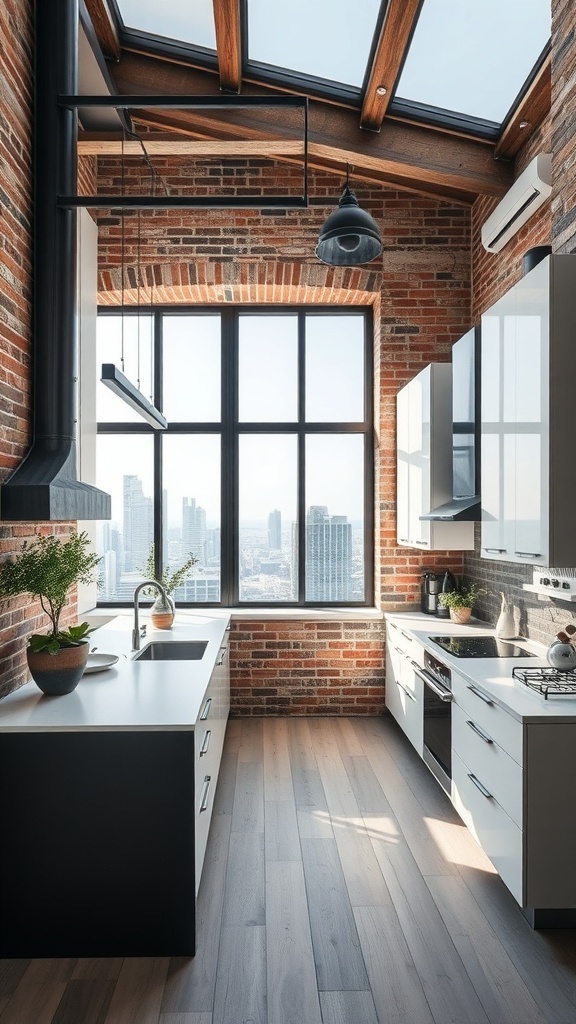 Moderne Küche im industriellen Stil mit Backsteinwänden und großen Fenstern