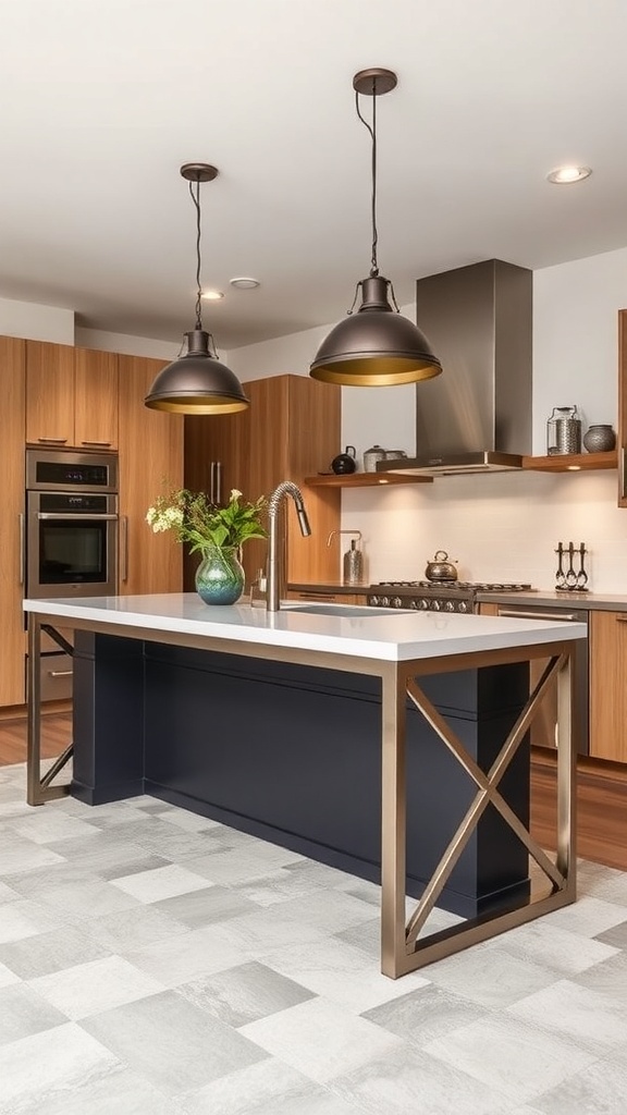 Moderne Küche mit einer Kücheninsel aus grauem Stein und Metallakzenten, Holzschränken und Pendelleuchten.