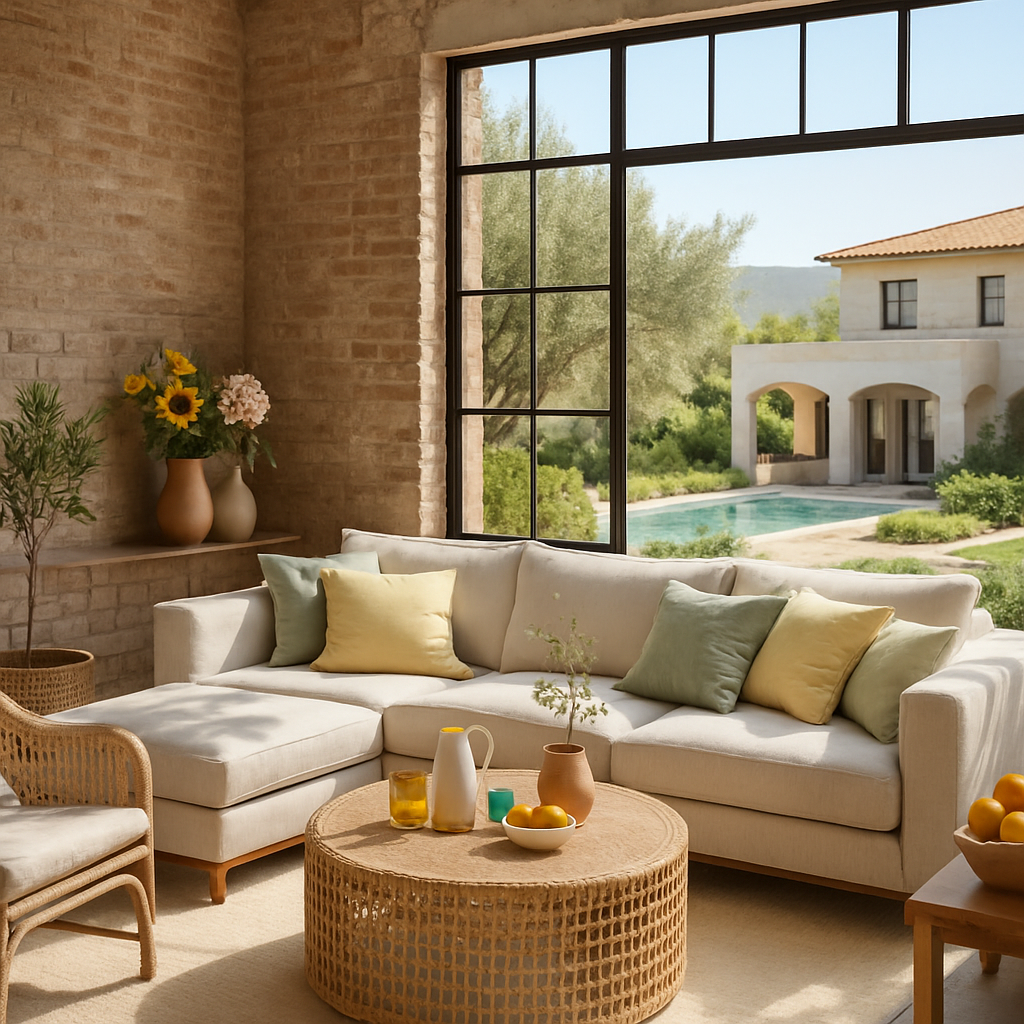 Helle Wohnlandschaft mit großen Fenstern, Sofa, Rattancouchtisch und Blick auf den Garten mit Pool.