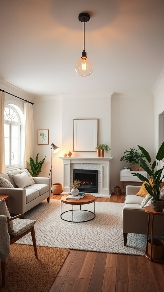 A cozy living room featuring a stylish pendant light, comfortable seating, and plants.
