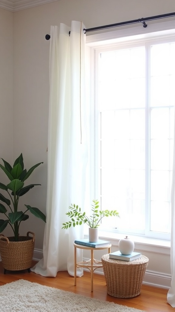A bright room with sheer white curtains, plants, and decorative items.
