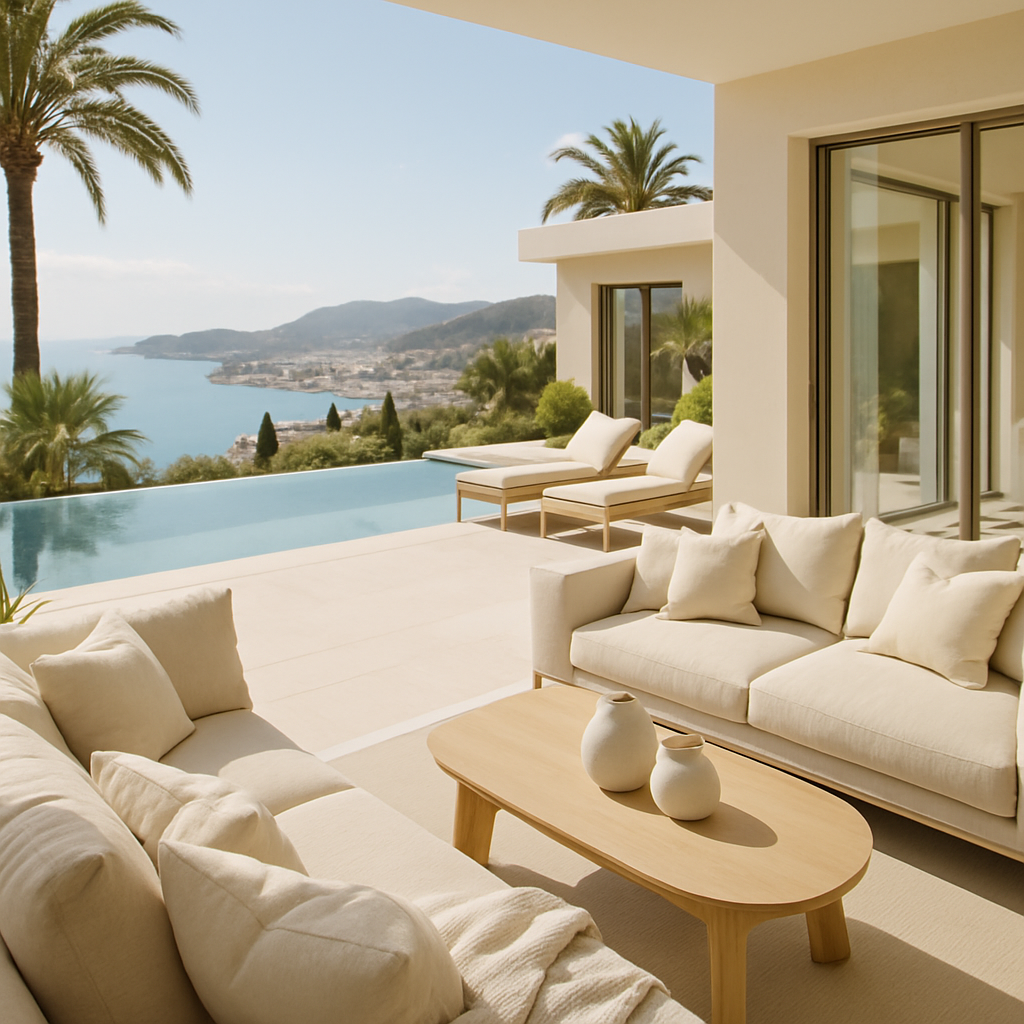 Luxuriöse Terrasse mit Infinity-Pool und Blick auf das Meer