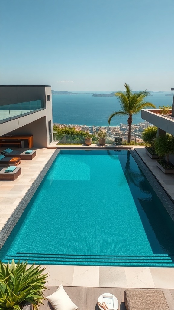 Ein moderner Infinity-Pool in einem kleinen Garten mit Blick auf das Wasser und die Landschaft.