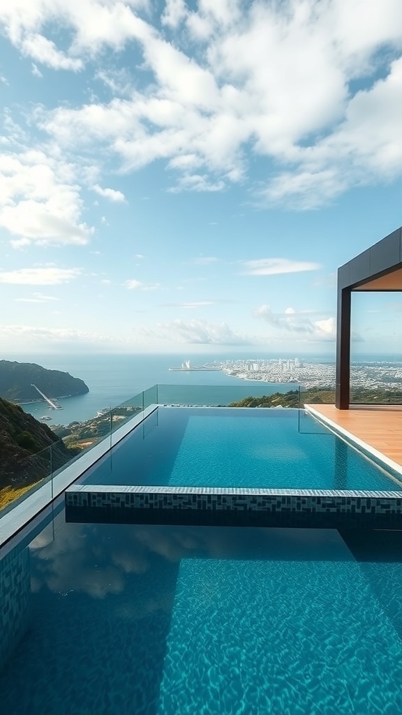 Infinity-Pool mit Glaswänden und Blick auf die Stadt und das Meer