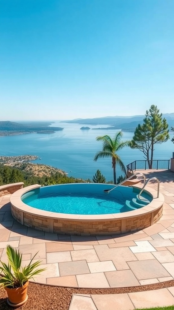 A sunken circular pool with an infinity edge overlooking a scenic lake and mountains.