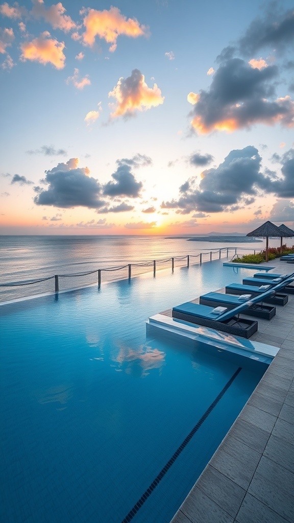 Infinity pool overlooking the ocean at sunset with sunbeds nearby