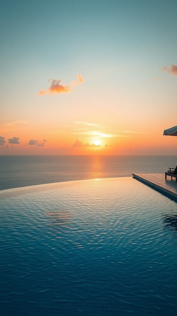 An infinity pool overlooking the ocean at sunset