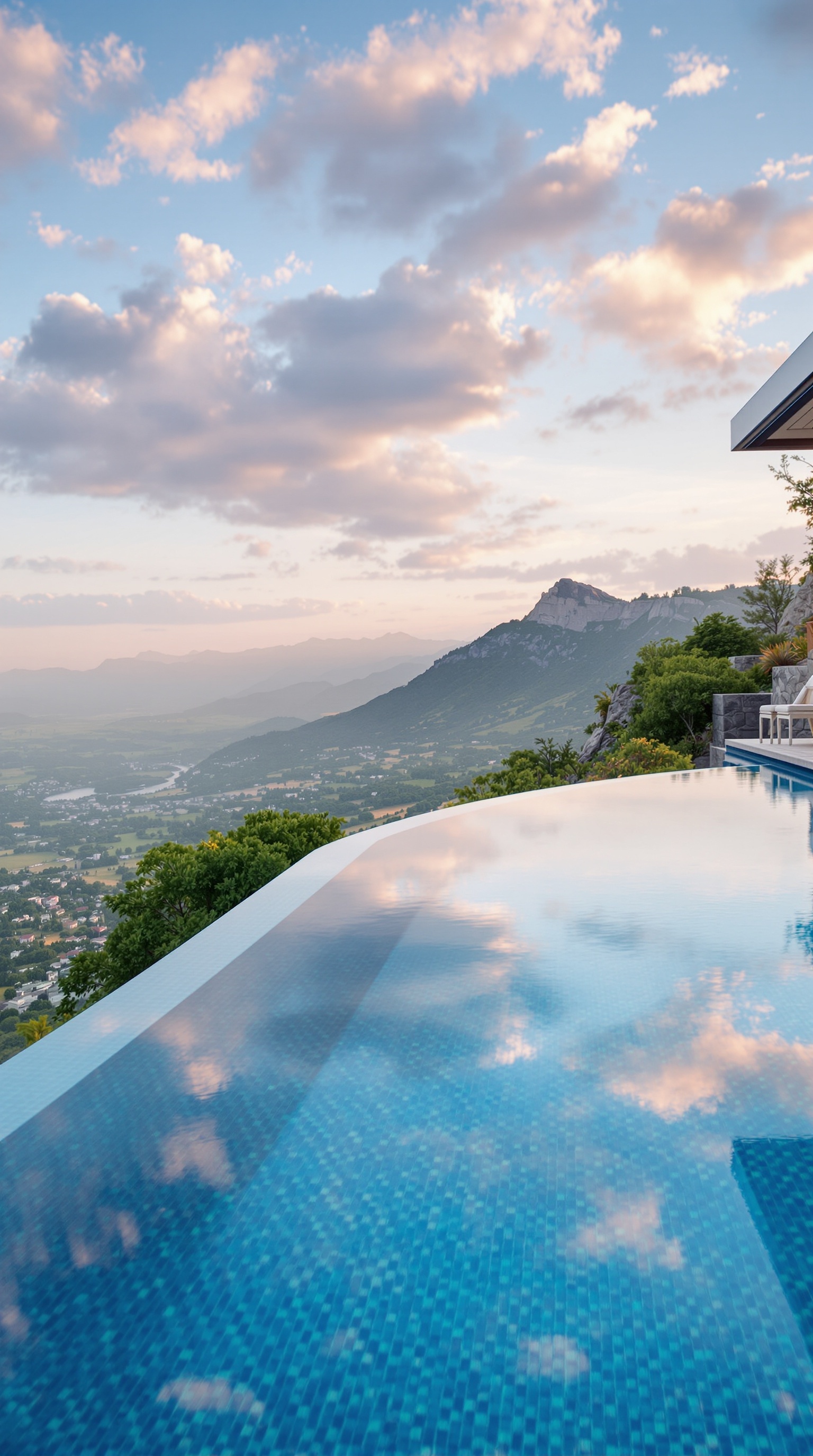 A serene infinity pool overlooking the sea at sunset.