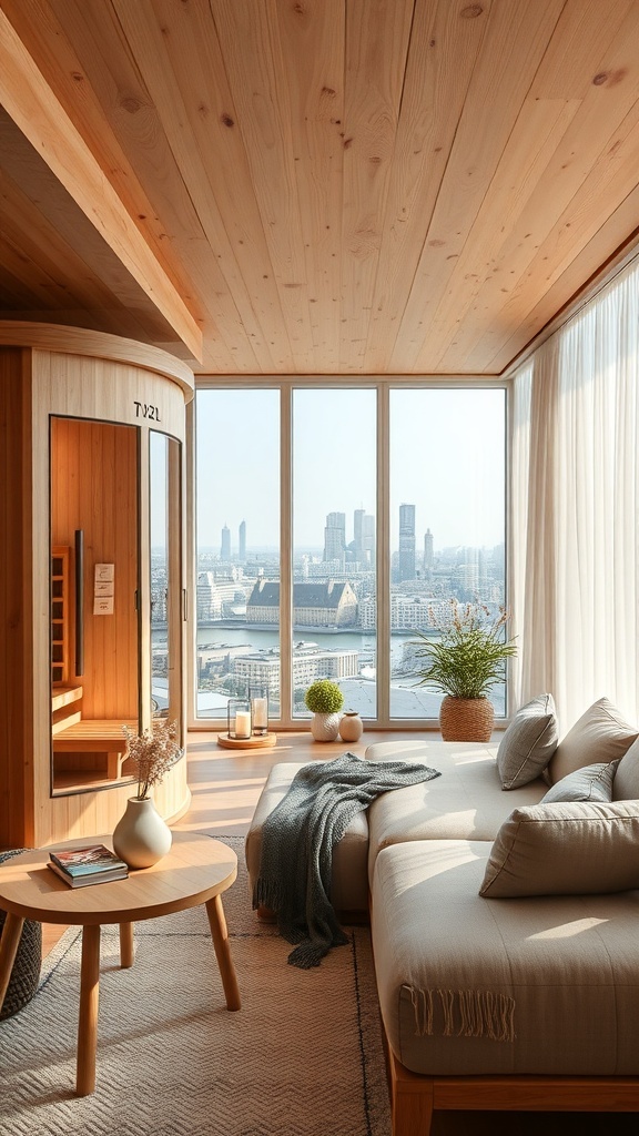 Moderne Infrarot-Sauna in einem hellen Raum mit Blick auf die Stadt