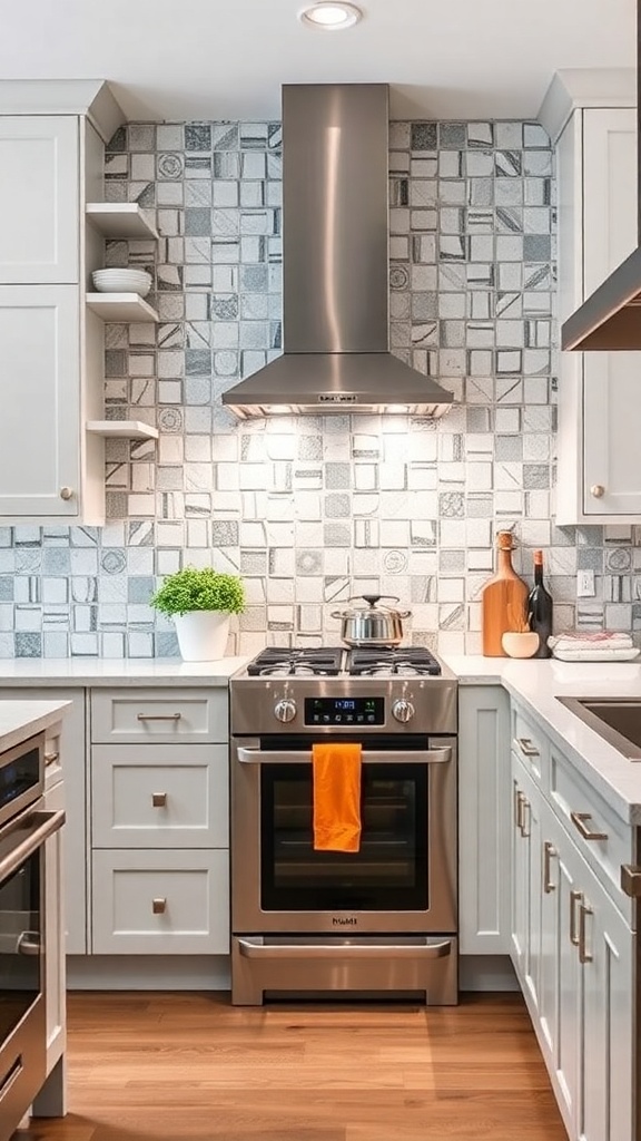 A stylish kitchen featuring a unique patterned backsplash with gray and white tiles.