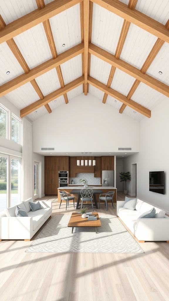 Open concept living and dining room with wooden beams on the ceiling