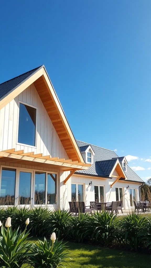 Modernes Bauernhaus mit innovativer Dachform und Holzverkleidung