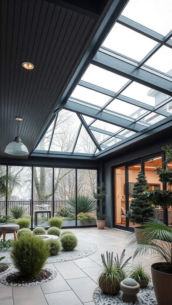 Ein moderner Wintergarten mit einem Glasdach und stilvollen Pflanzen