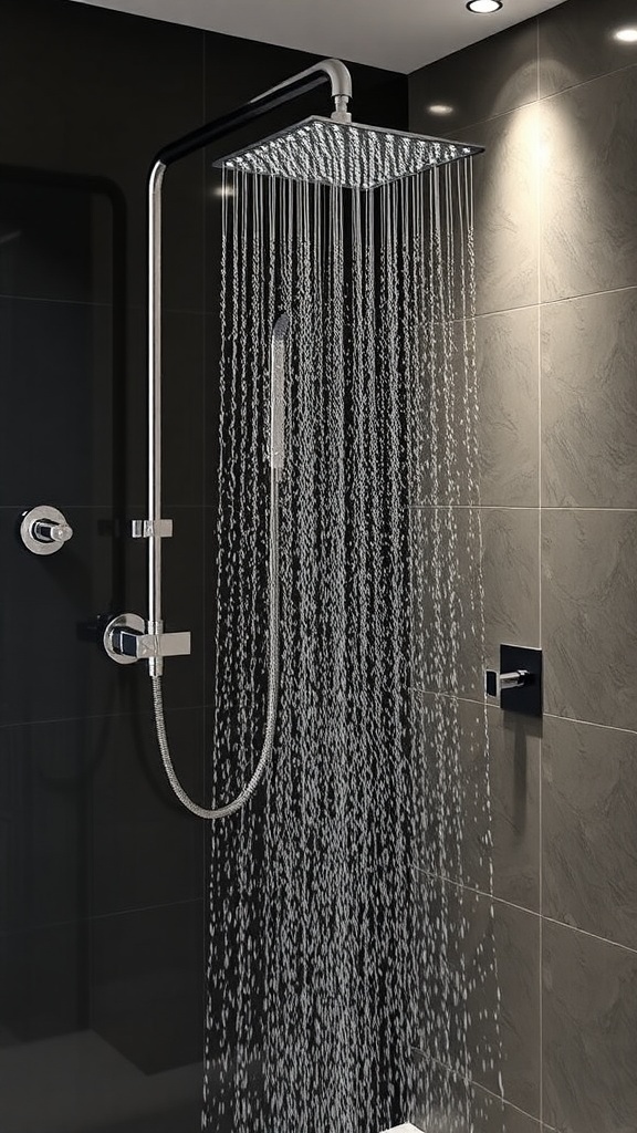 Moderne Walk-In-Dusche mit Blick auf die Stadt